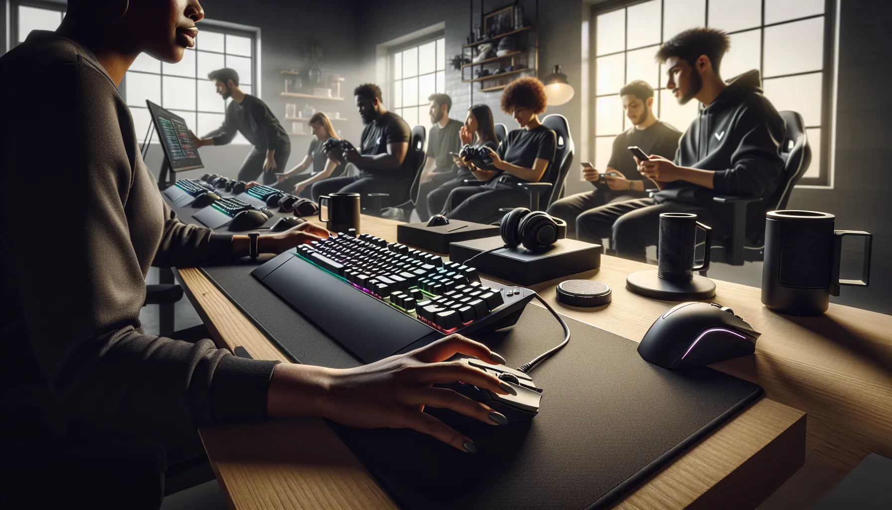 Diverse gamers using the newest Scookiegear gaming gear in a modern setup.