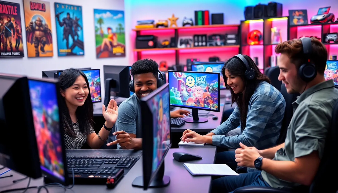diverse group of gamers playing Lightniteone on PCs.