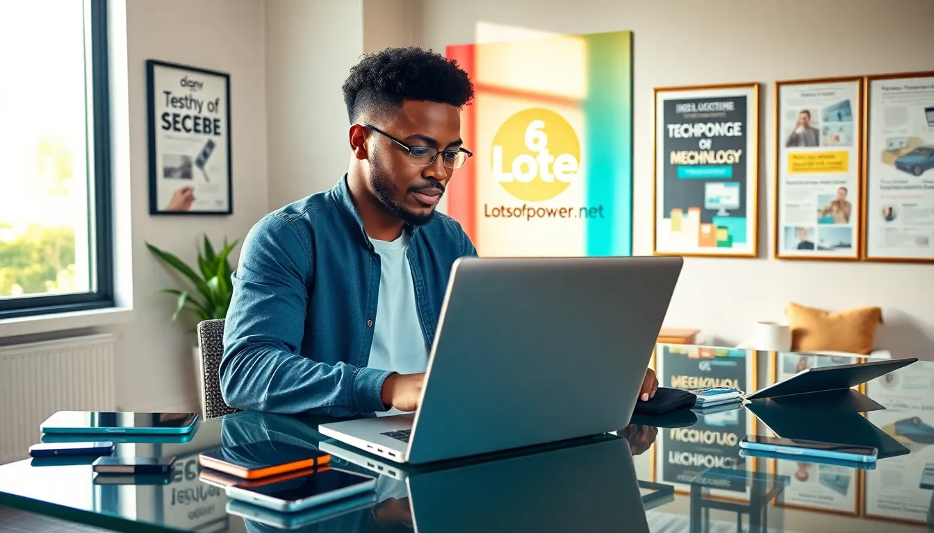 A Black male tech entrepreneur working on a laptop in a modern workspace.