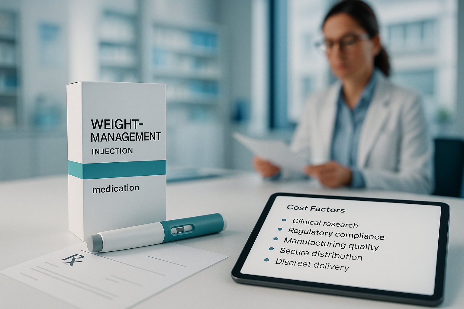 Prescription weight-loss injection pen with pricing and pharmacy service context.