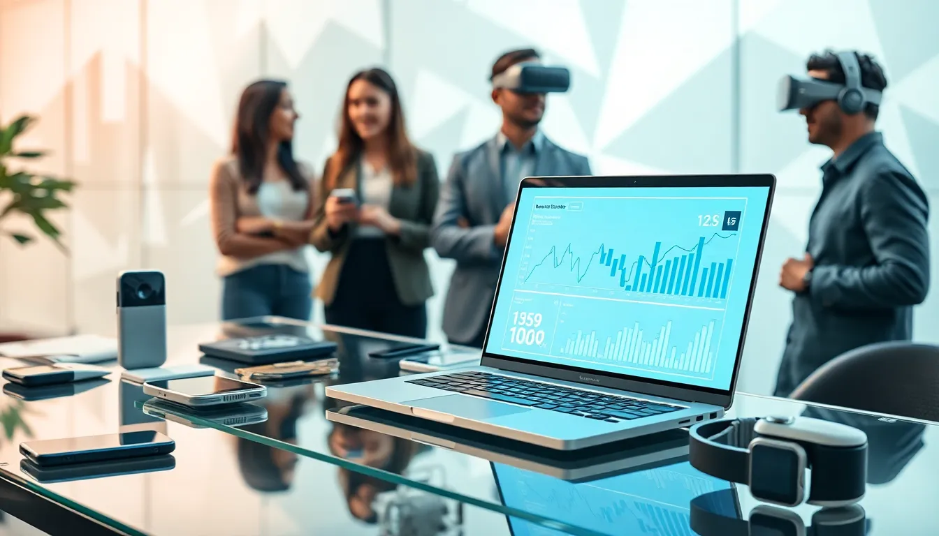 modern workspace featuring advanced technology devices and diverse professionals.