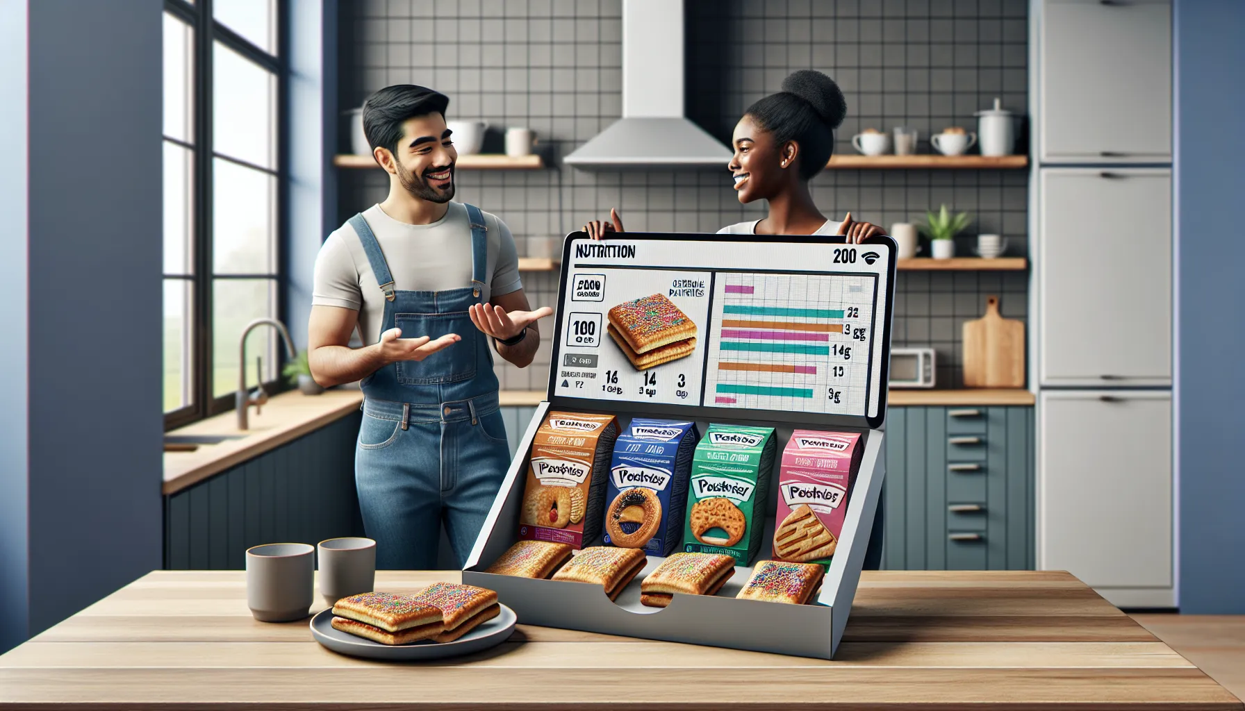 Open box of Pop-Tarts with nutritional facts on a tablet.