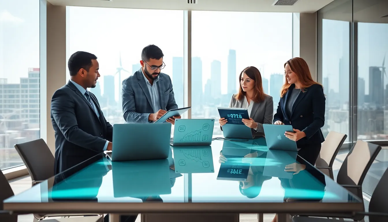 diverse team discussing energy solutions in a modern office.