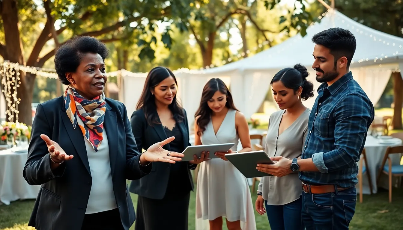 a diverse group planning an outdoor event with festive decorations.