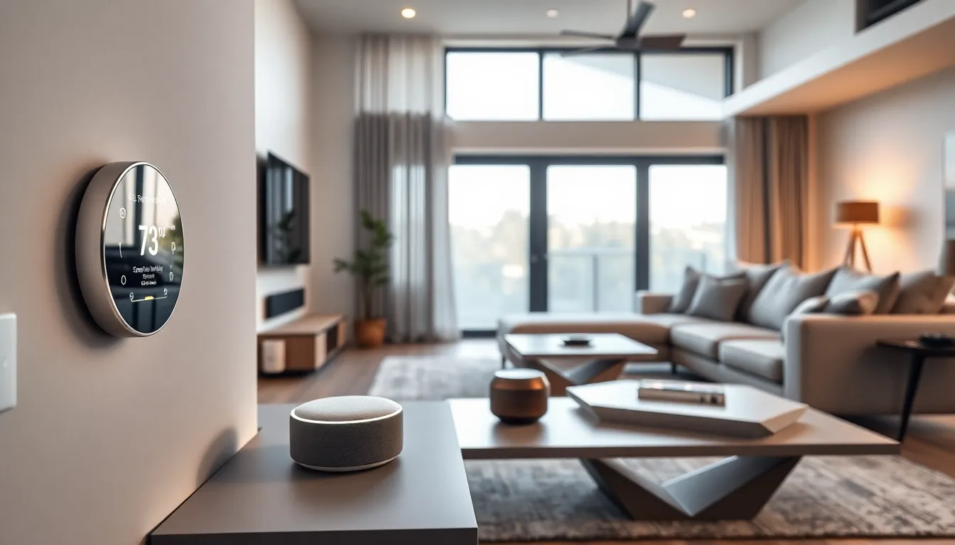 modern living room with smart home gadgets and natural light.