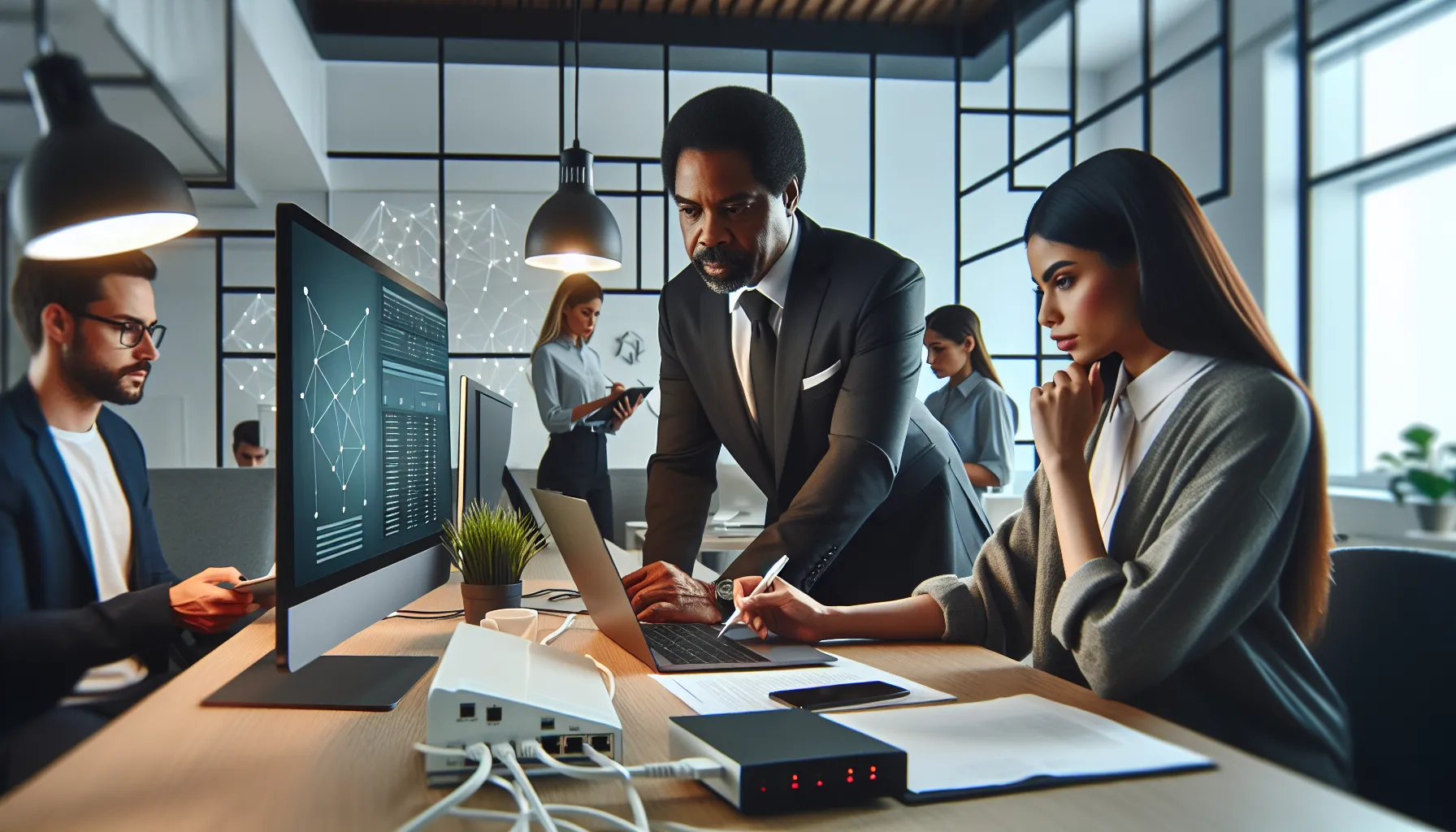 diverse IT team troubleshooting network access issues in a modern office.