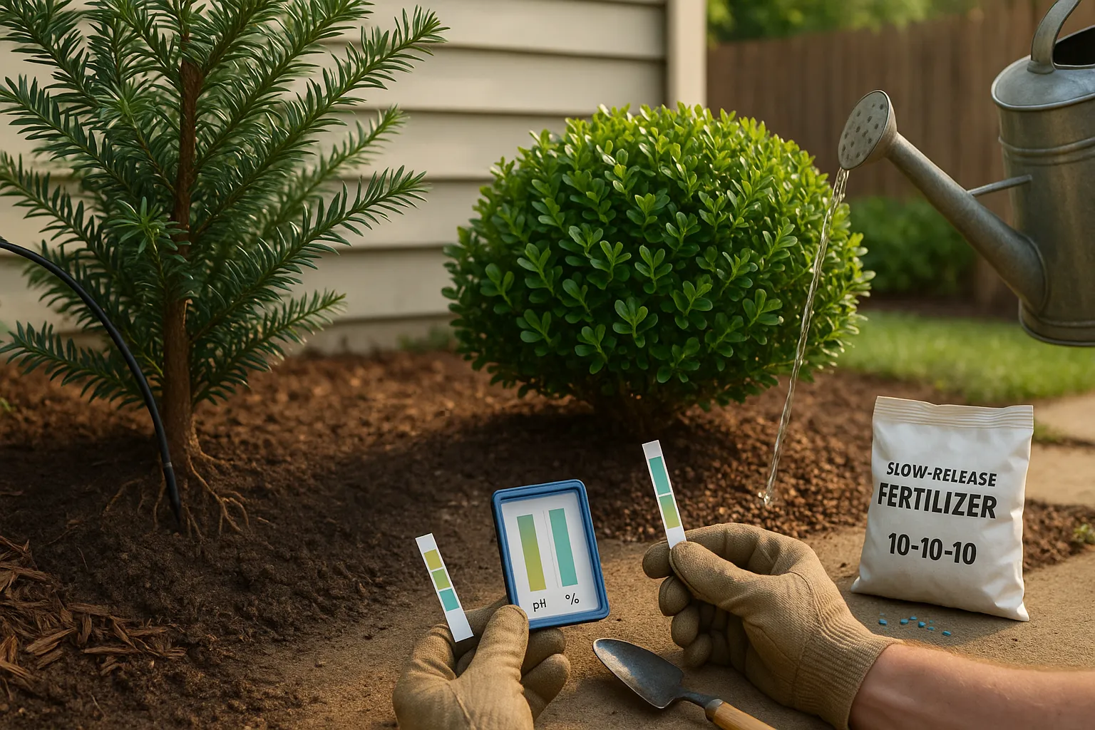 Side-by-side yew and boxwood shrubs showing soil, mulch, and care tools.