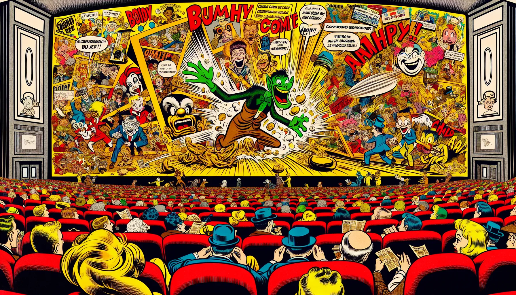 comic-style scene of diverse audience laughing at animated films in a cinema