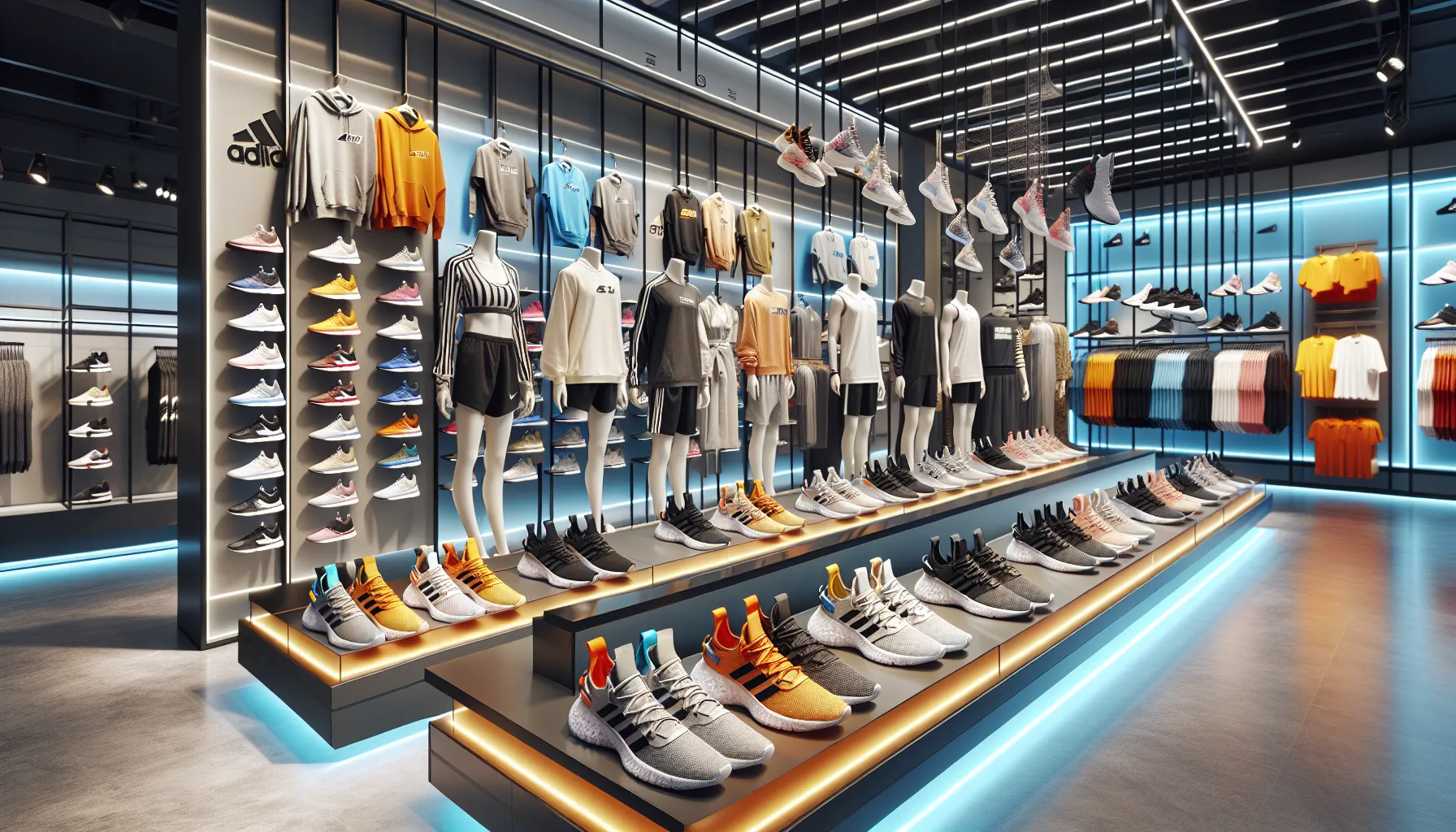 A modern store displaying Adidas and Puma shoes and apparel.