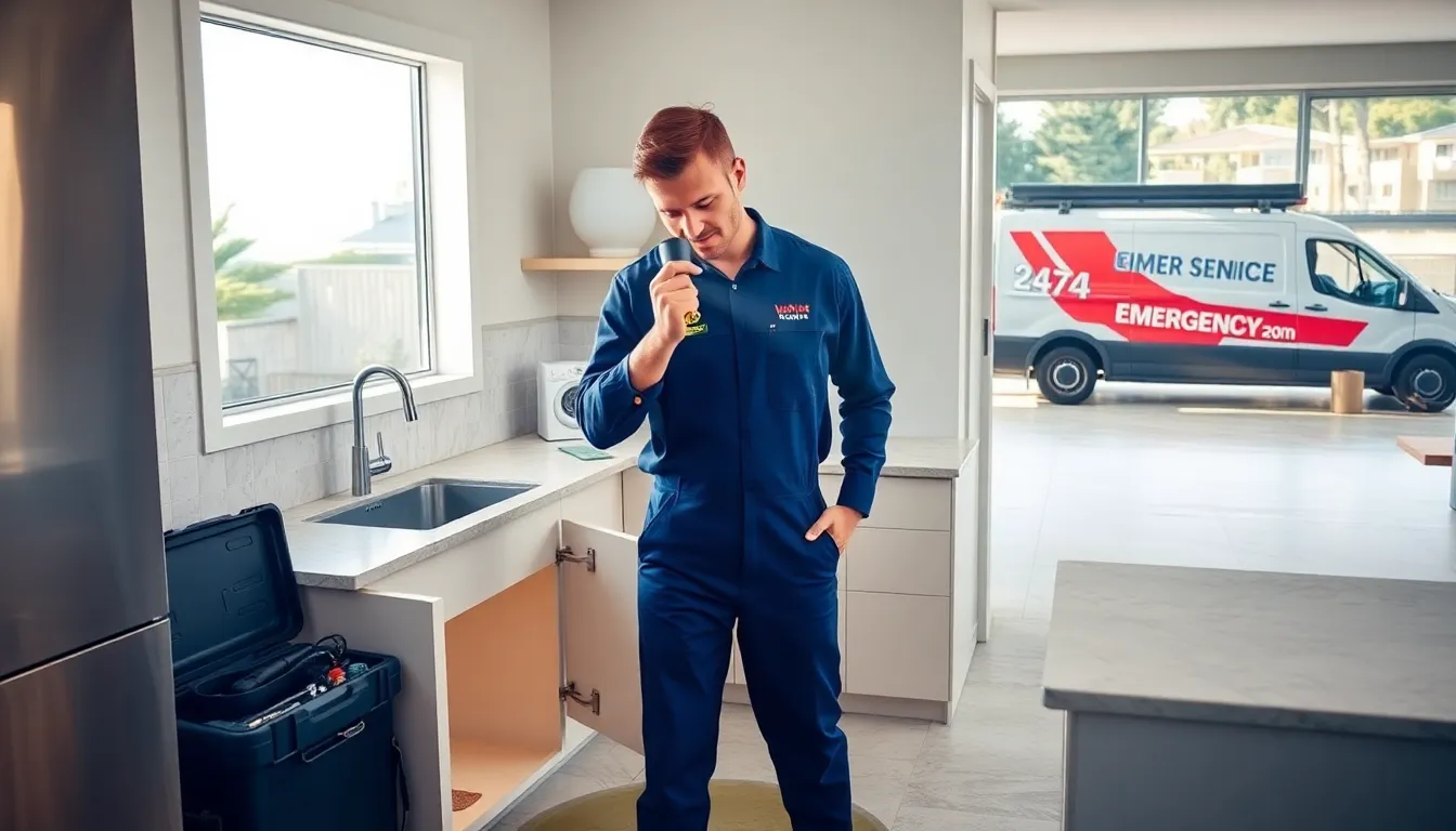 Emergency plumber inspecting a flooded modern kitchen in Brisbane.