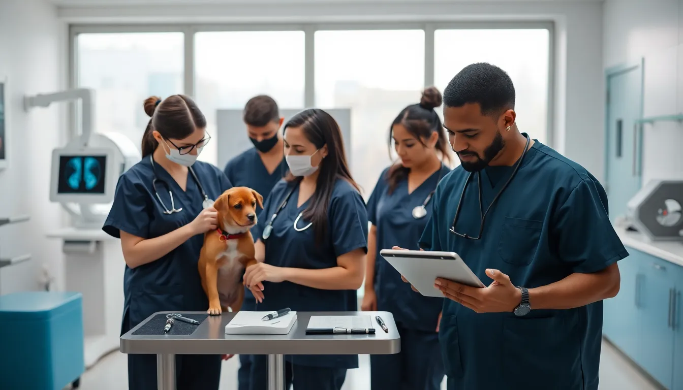 veterinary technicians assisting animals in a modern clinic.