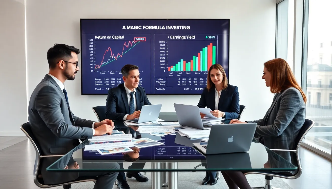 diverse finance team discussing Magic Formula Investing in a modern office.