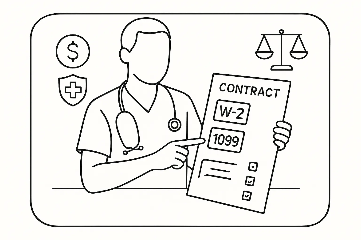 Physician assistant reviewing a contract labeled W-2 and 1099 with icons