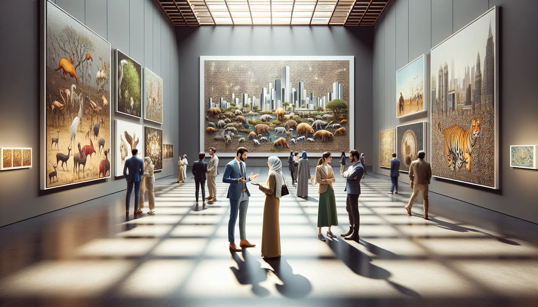 diverse group discussing älgföuga art in a modern gallery.