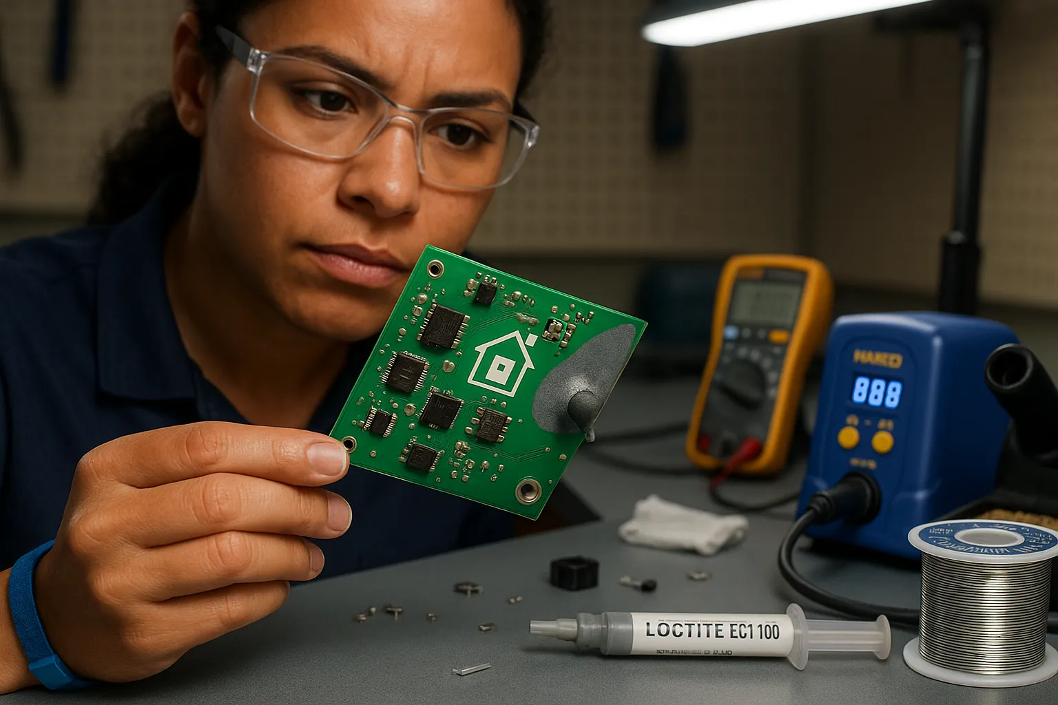 Technician holding PCB showing soldered joint and silver conductive epoxy bead.