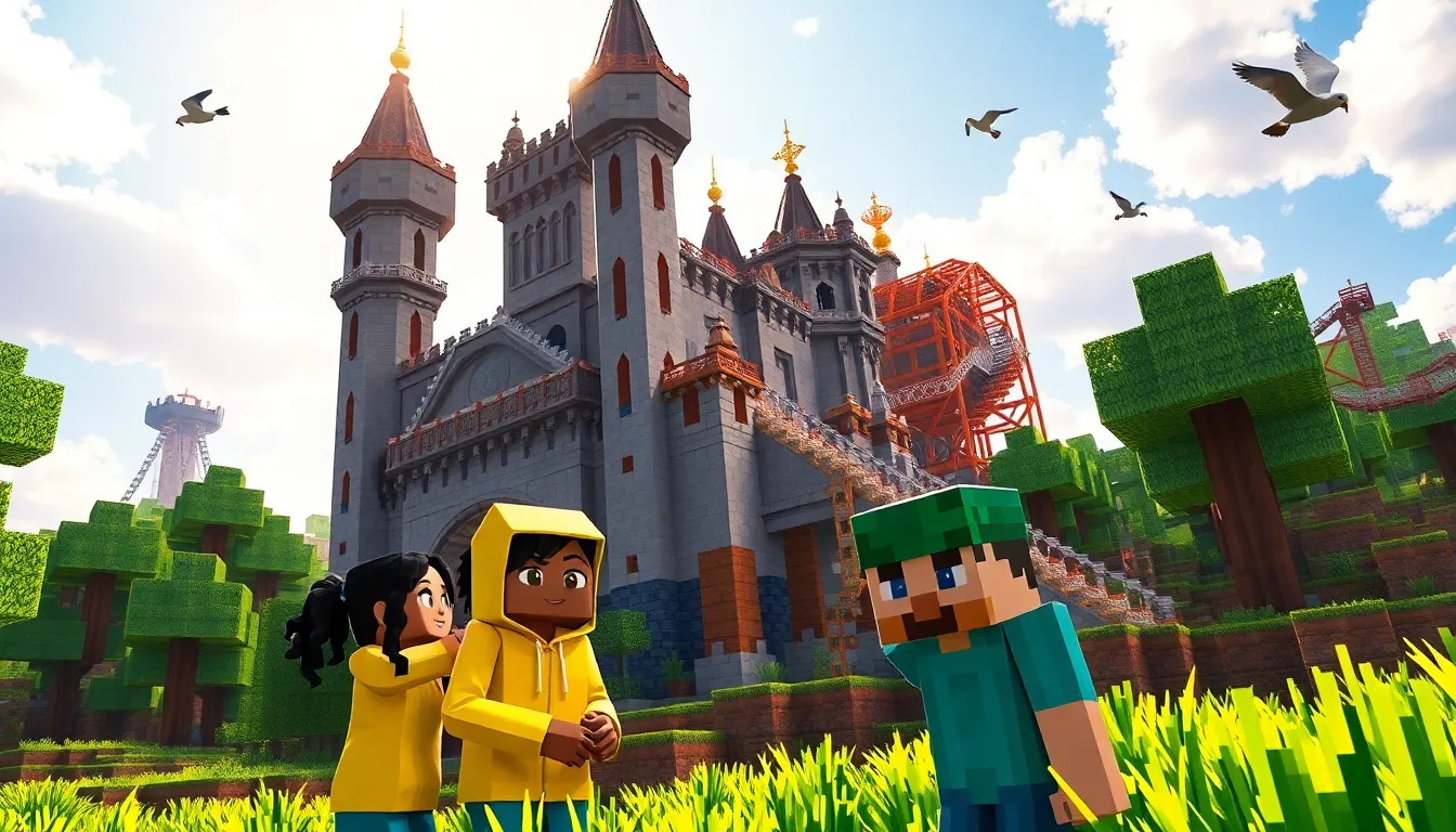 players collaborating on creative Minecraft projects in a colorful landscape.
