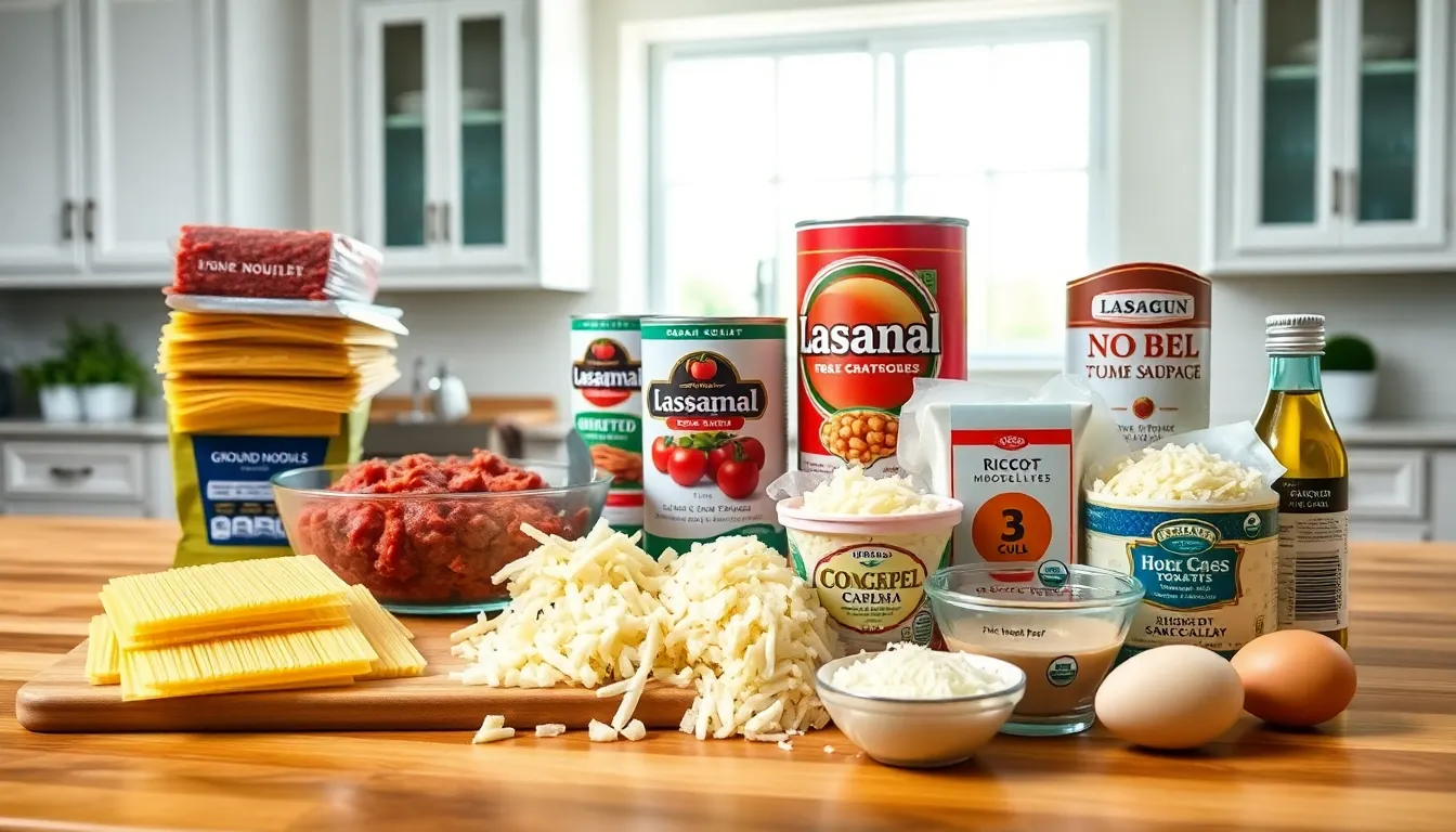 ingredients for American Beauty Lasagna on a kitchen countertop.