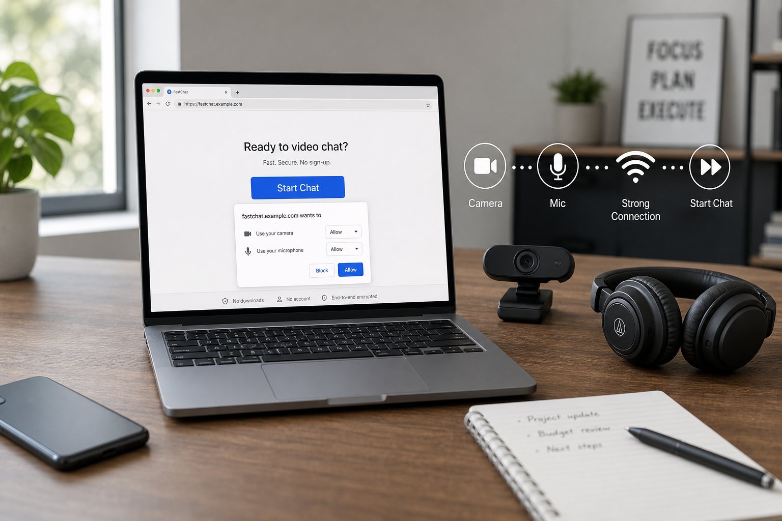 Laptop with camera and mic permissions, webcam and headphones on a desk.