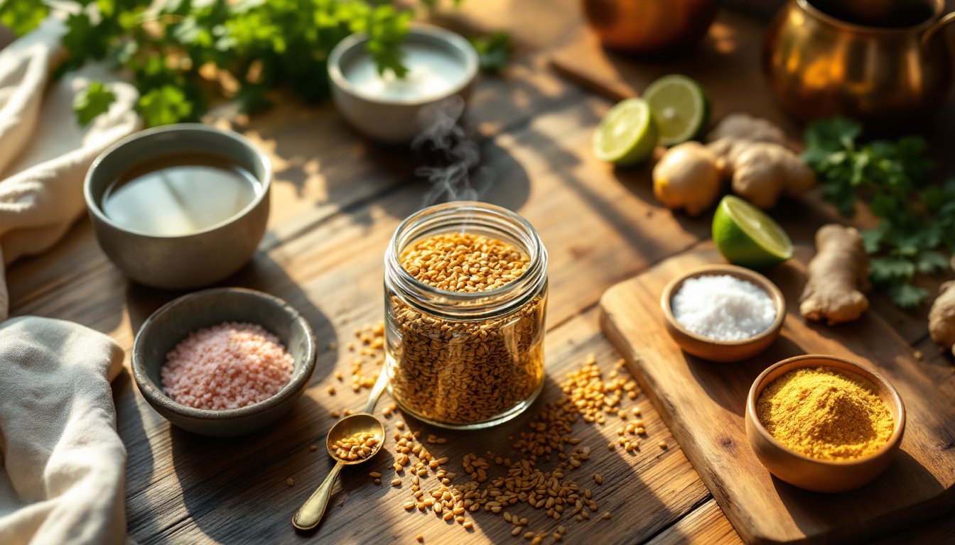 Kitchen counter with fennel seeds, ajwain, ginger, lime, hing, and ghee for digestion.