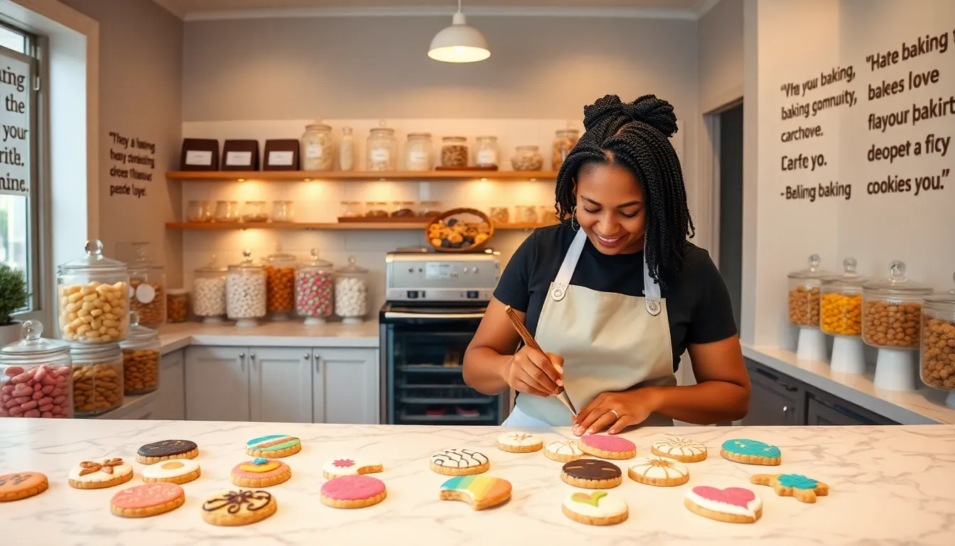Baker decorating cookies in a cozy, inviting bakery.