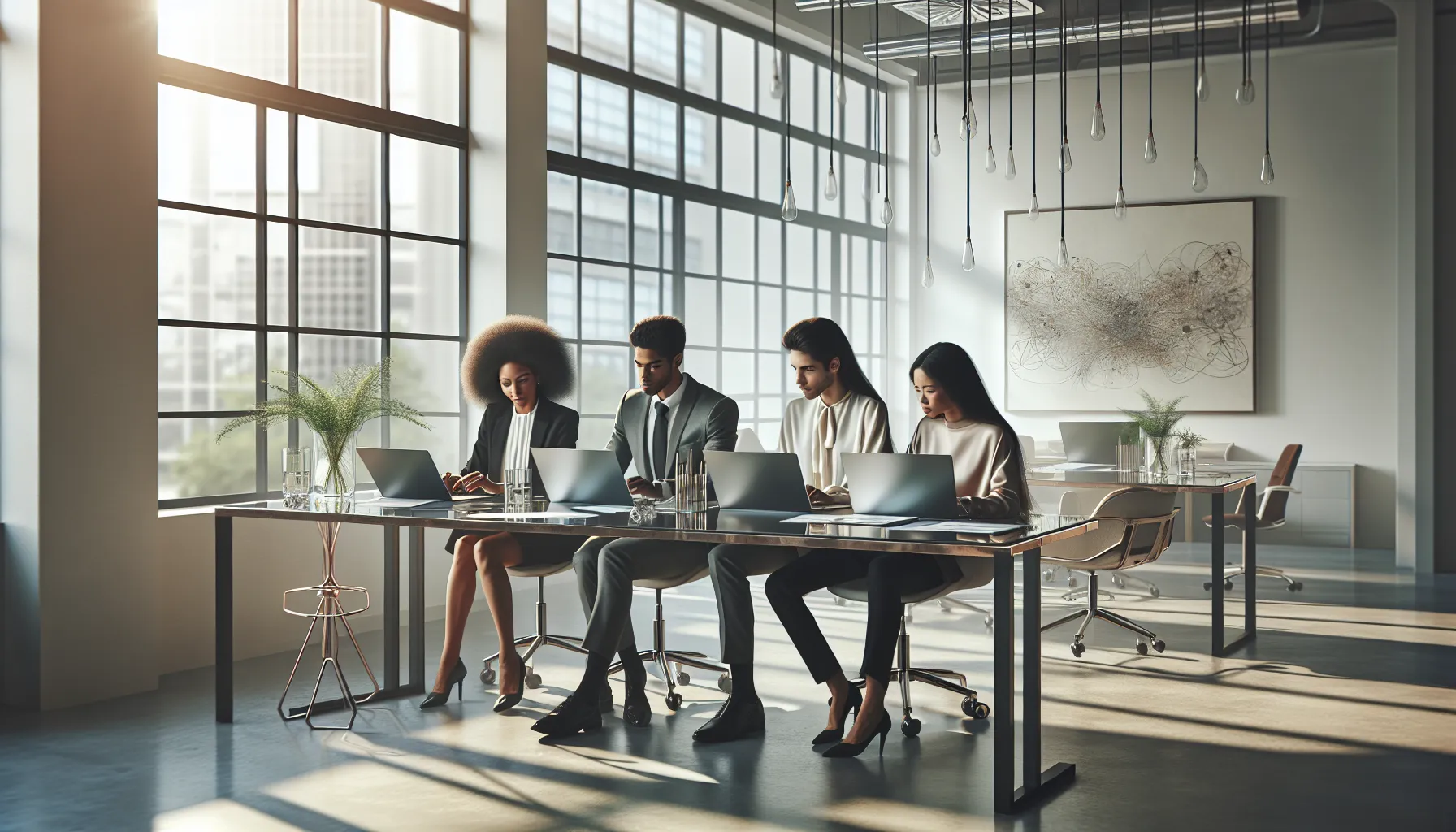 diverse users interacting with laptops in a modern office.