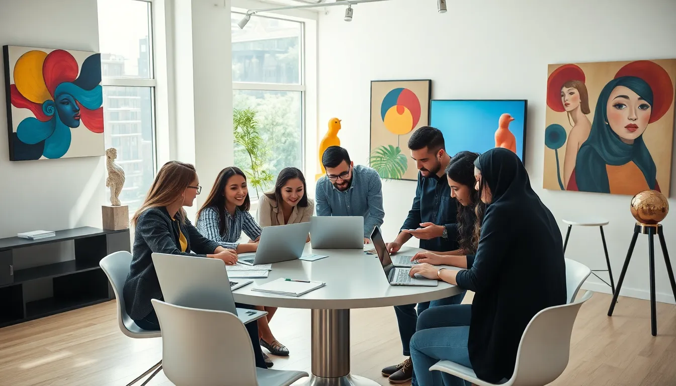 diverse team collaborating in a bright, modern creative workspace.