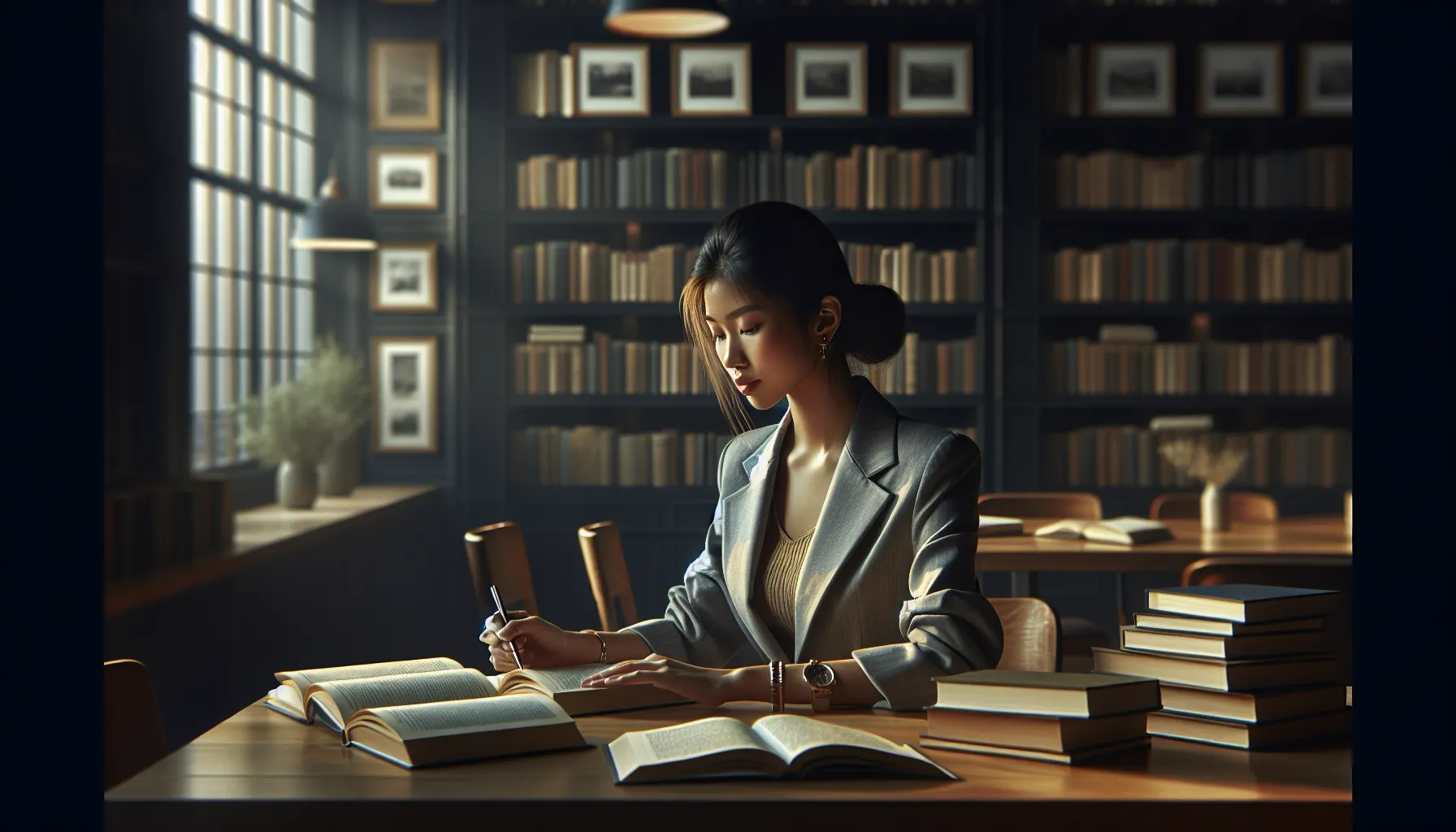 young woman reading in a cozy library, symbolizing a passion for learning.