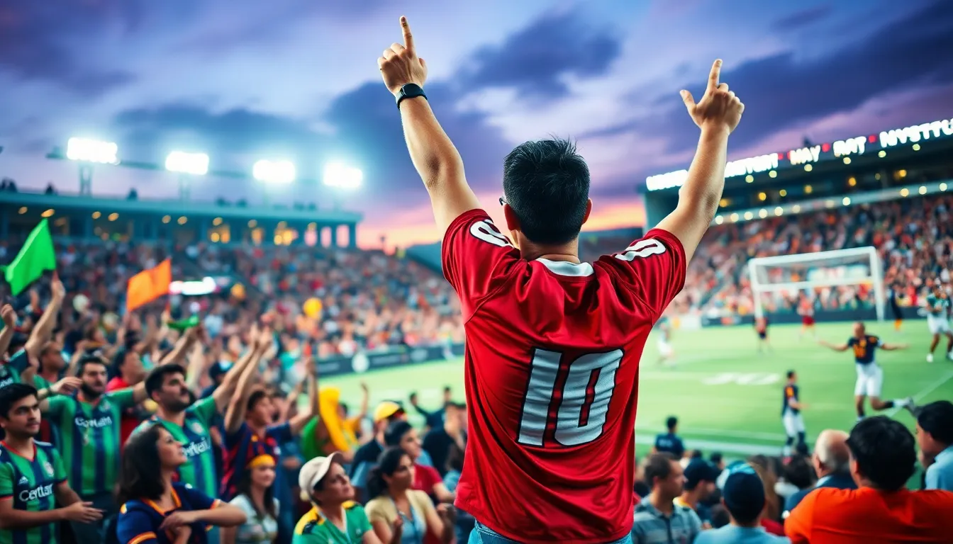 excited football fans celebrating a goal in a vibrant stadium.