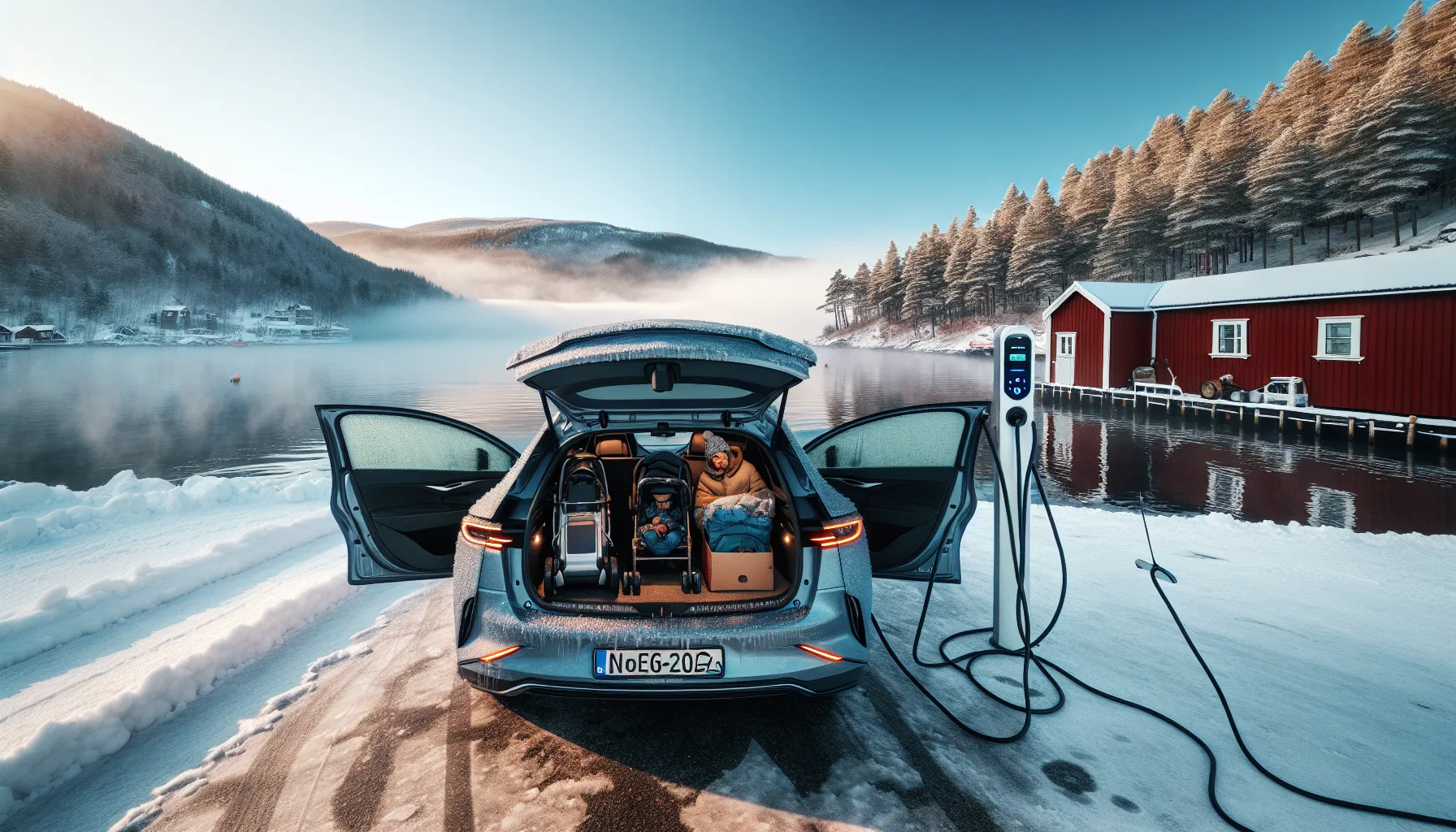 Skoda elroq charging in snowy norway; volvo ex40 nearby; family loading gear.