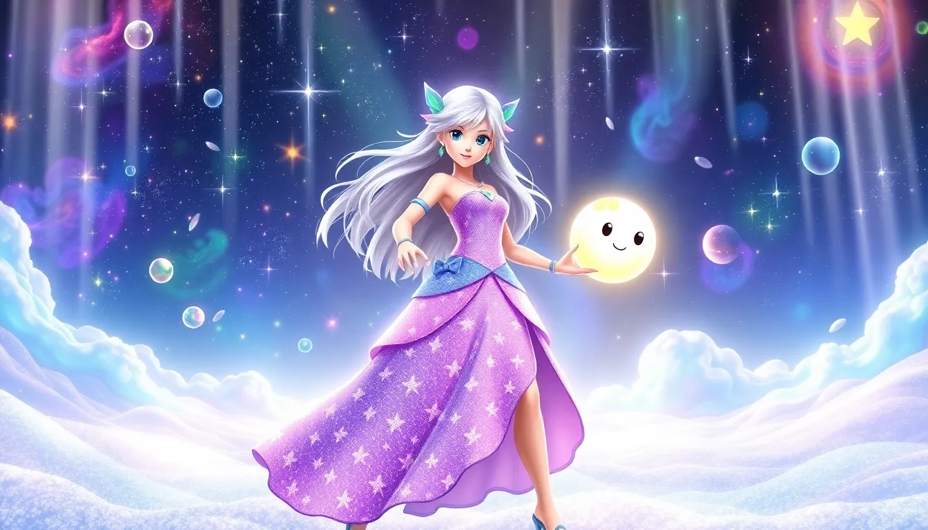Rosalina with a Luma in a colorful cosmic landscape.