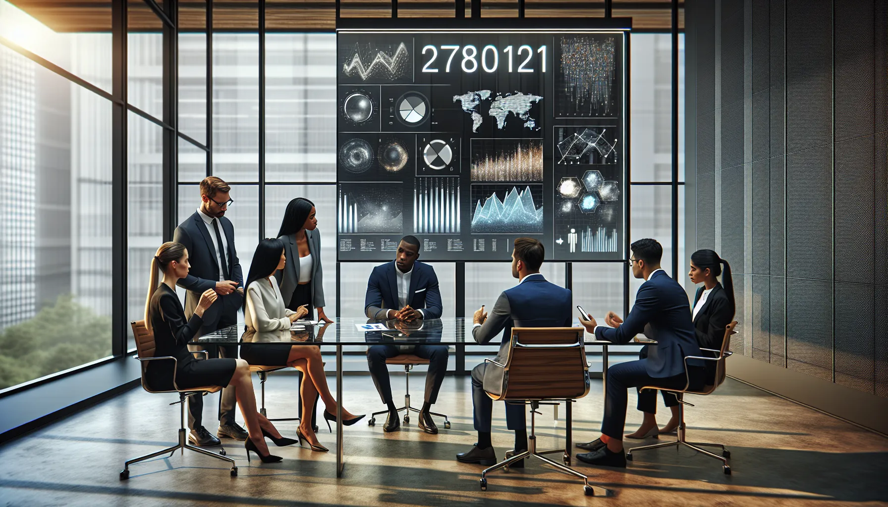 diverse team examining data in a modern office setting.