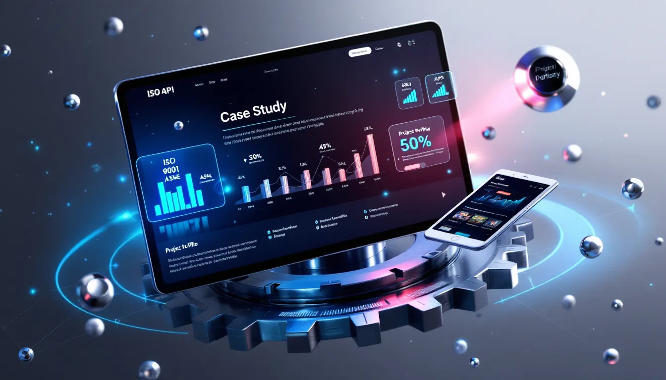 3D render of industrial website interface with certification badges and data displays