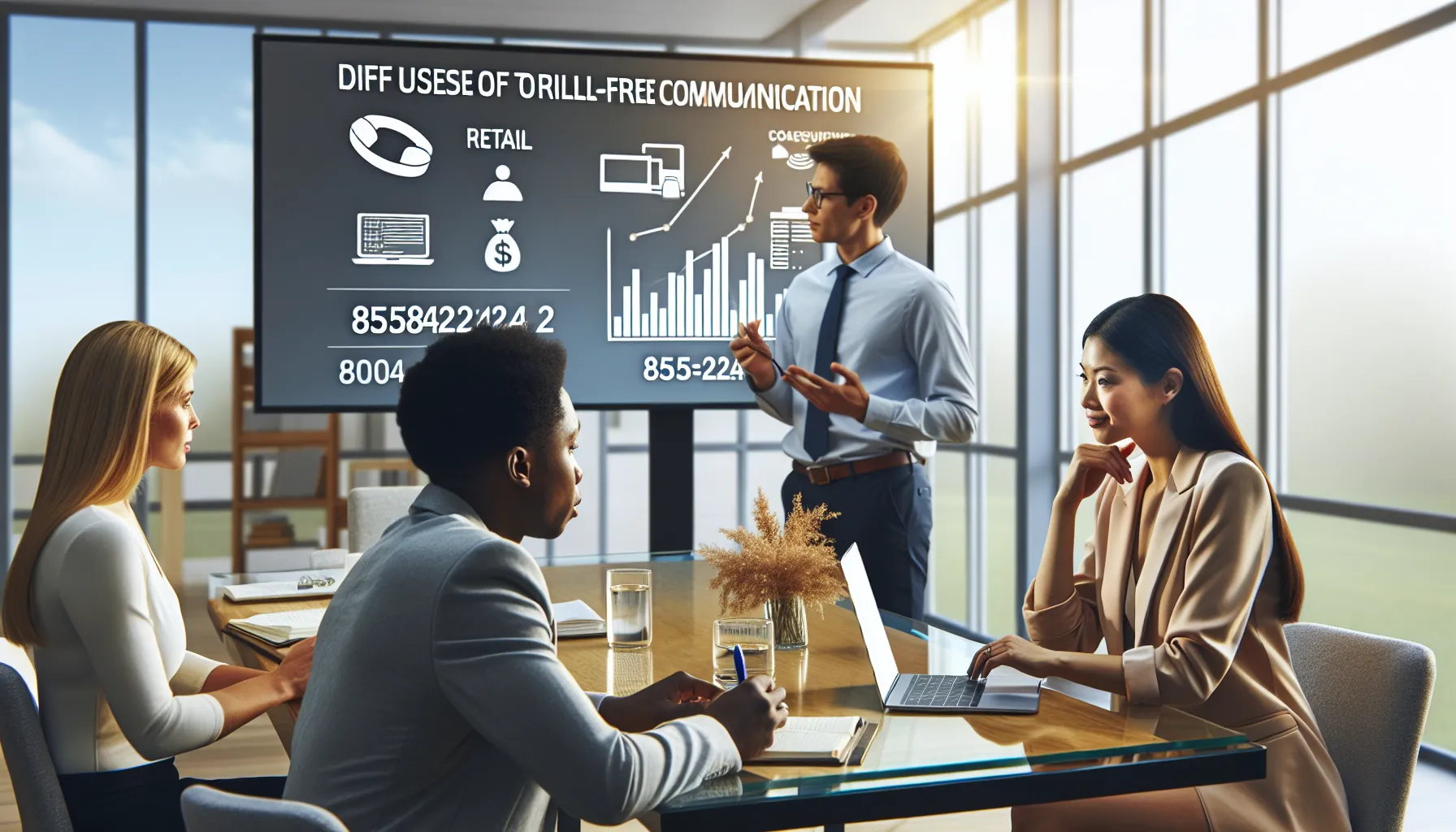 professionals discussing uses of toll-free number 8558221242 in a modern office.