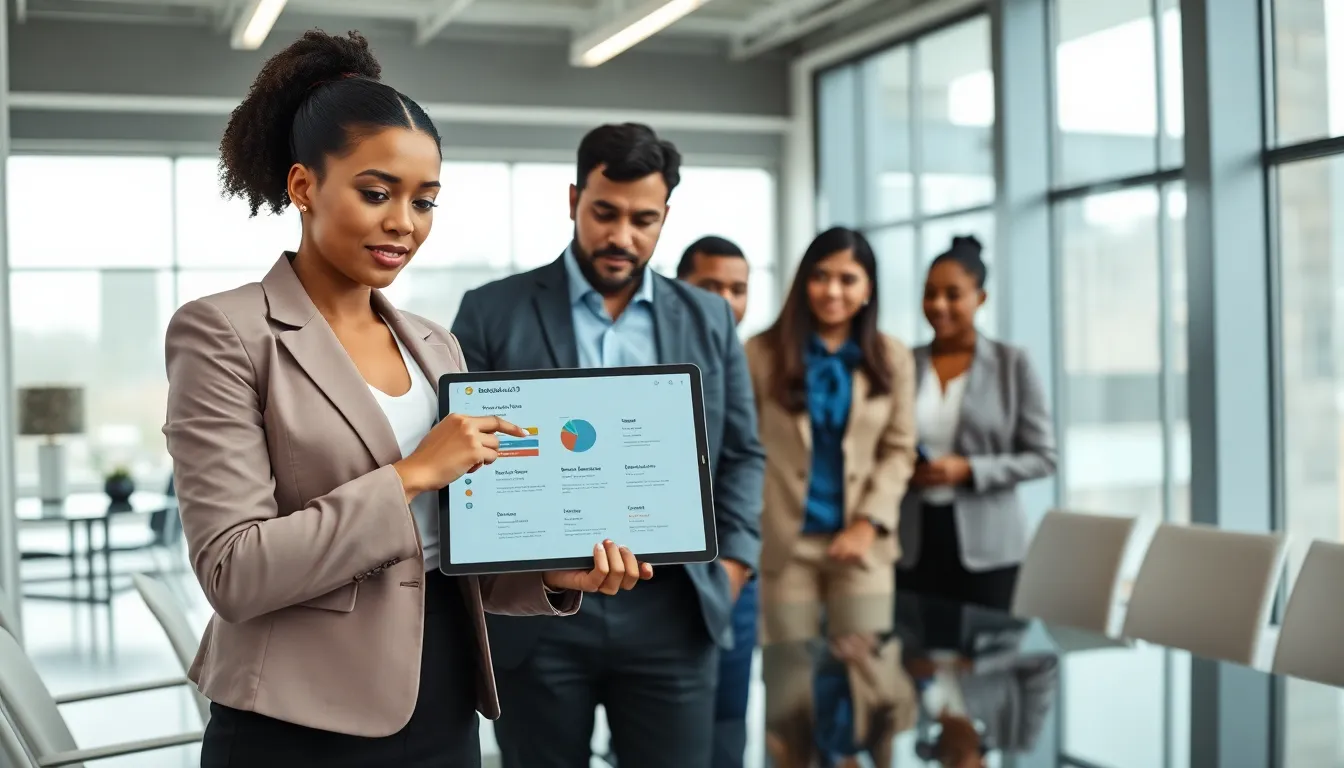 professionals discussing software features in a modern office.