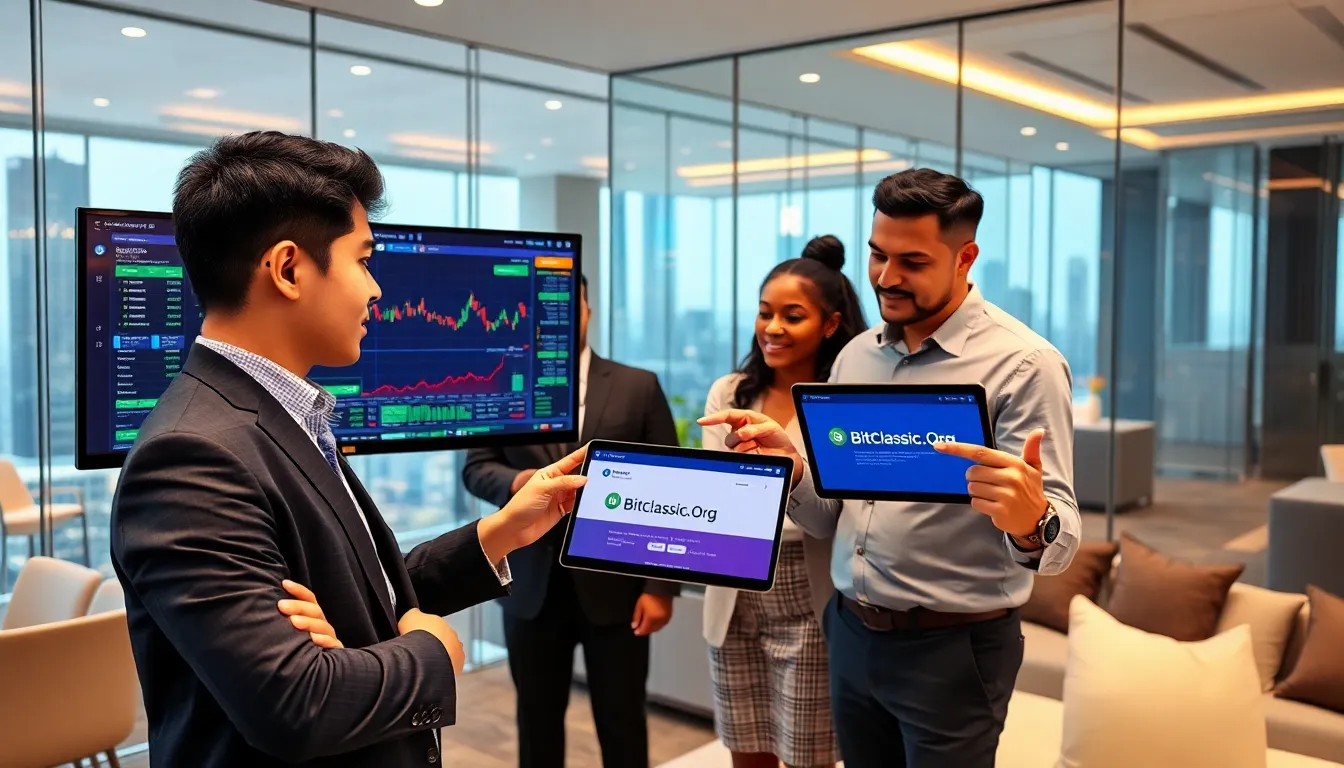 professionals engaging in cryptocurrency trading at a modern workspace.
