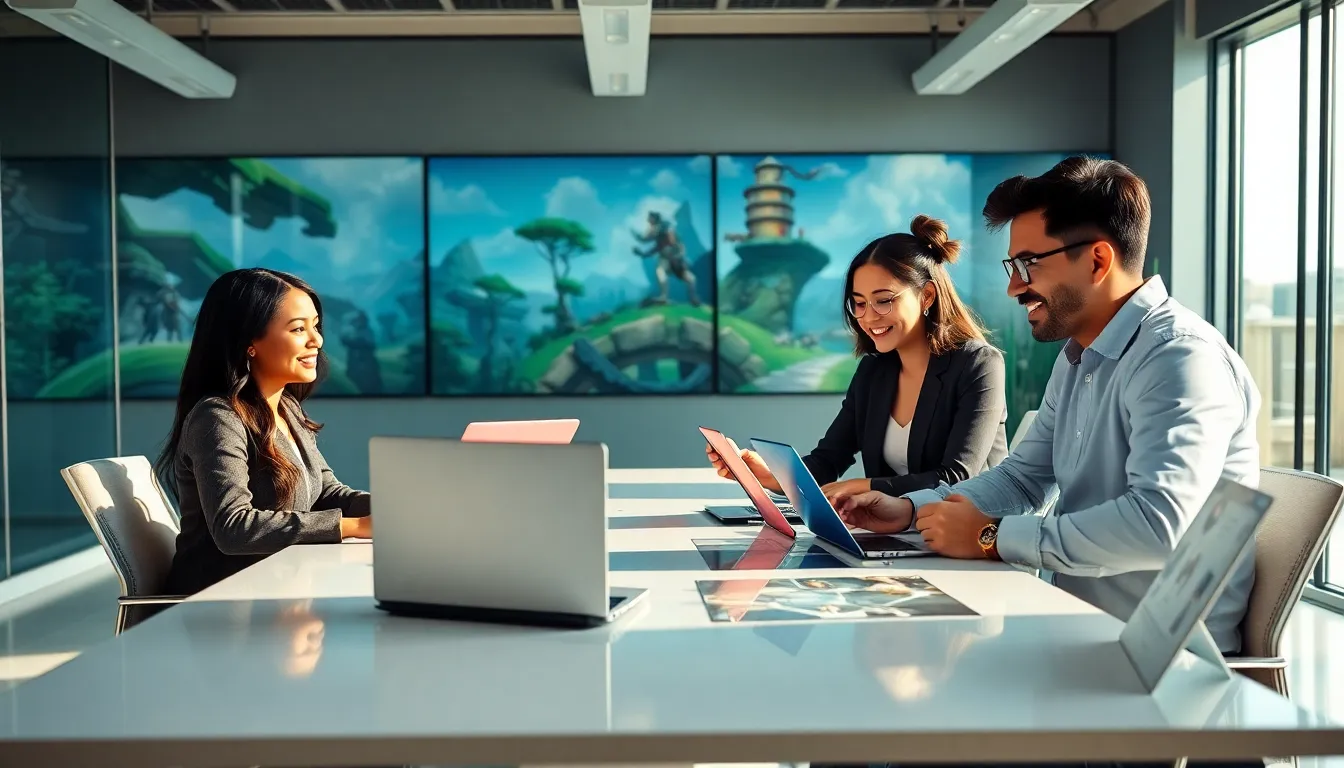 diverse team collaborating in a creative gaming office.