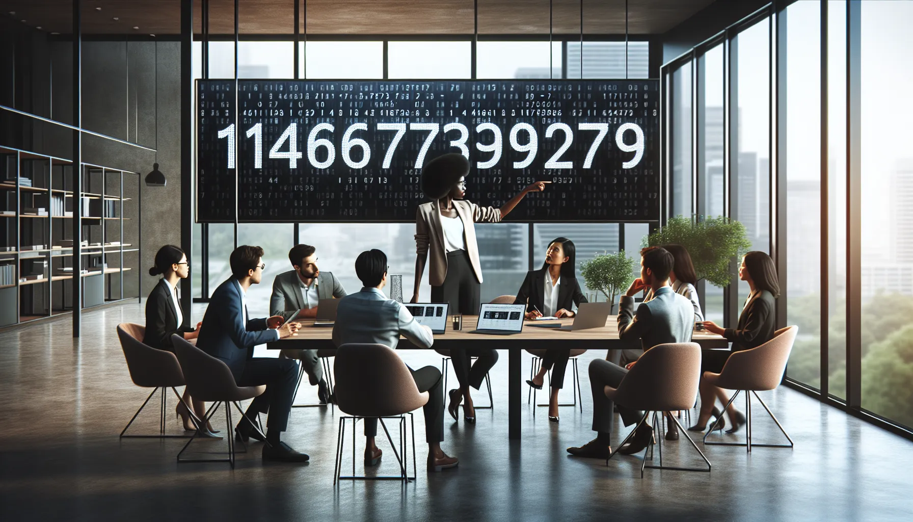 diverse professionals discussing the significance of a cryptic number.