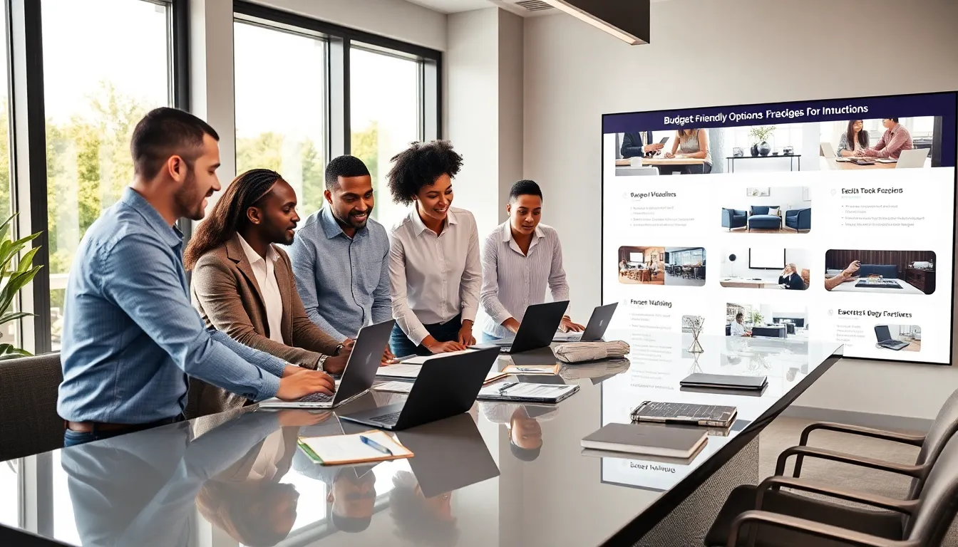 diverse team collaborating on budget-friendly event planning in a modern office.