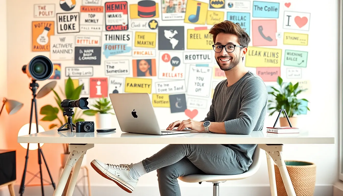 A content creator in a colorful workspace filled with memes and tech gadgets.