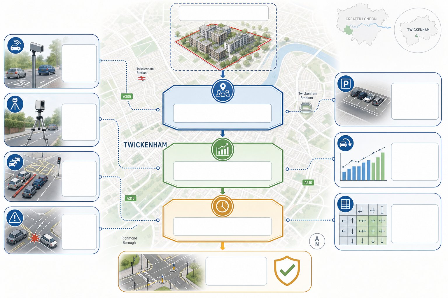 Infographic showing transport evidence needed for a Twickenham development planning case.