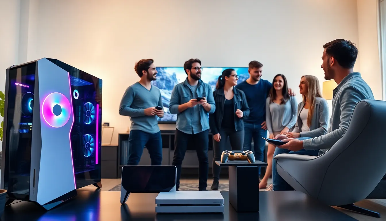 diverse gamers discussing gaming preferences in a modern setup.