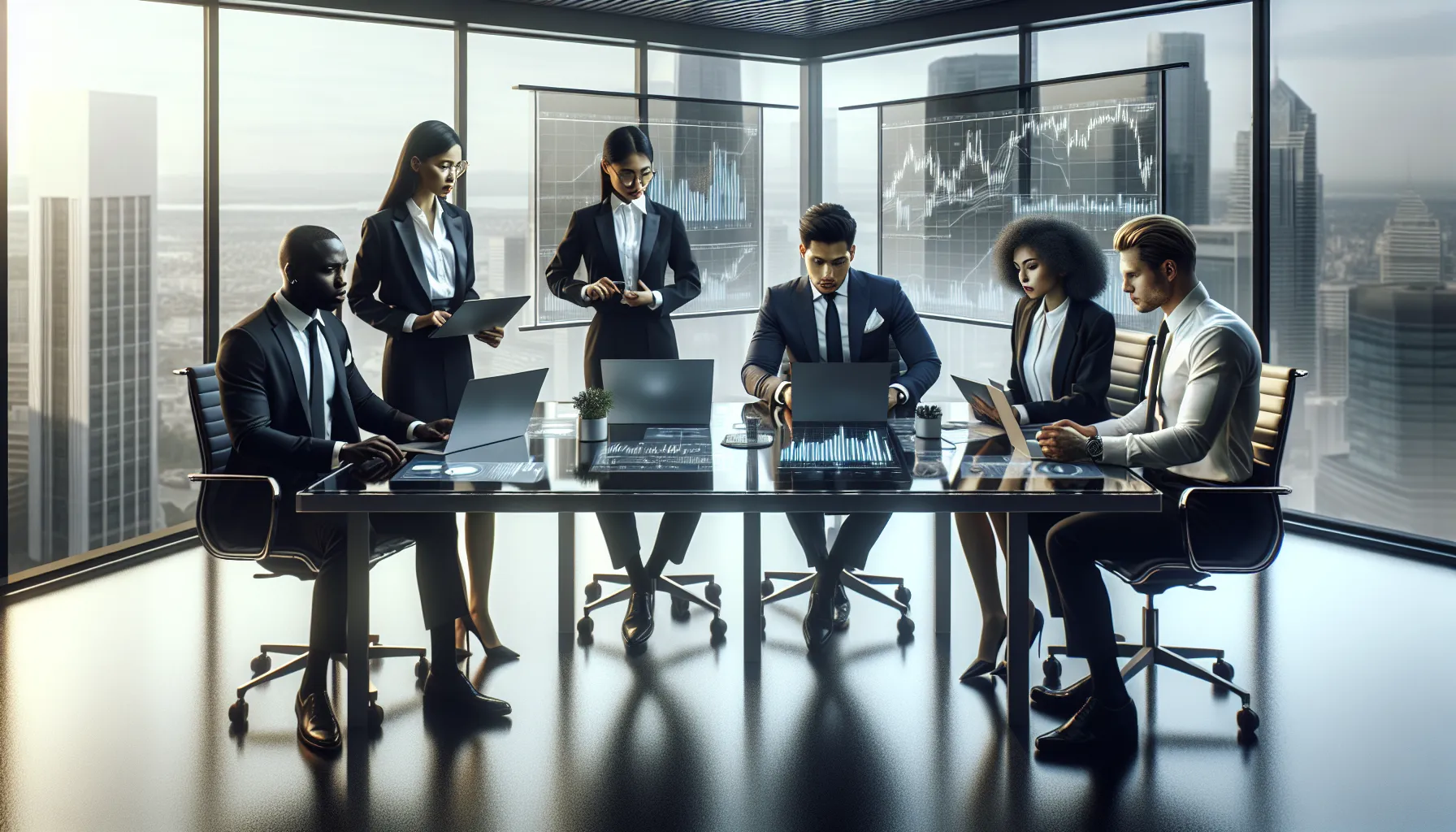 diverse analysts discussing gold market trends in a modern office.