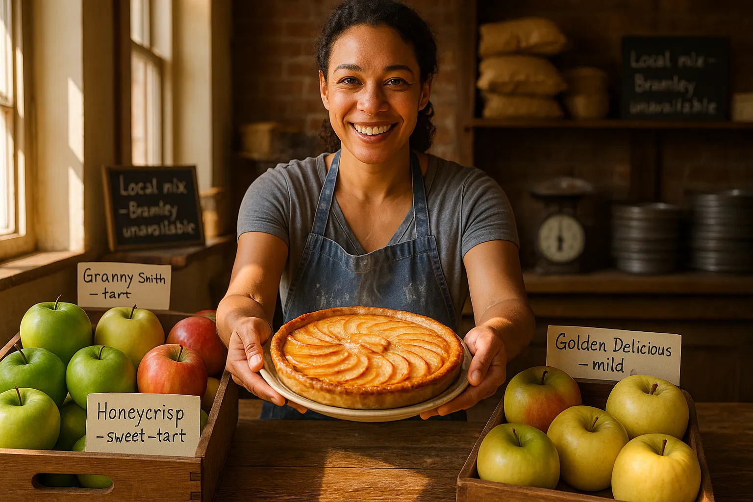 Baker holding a golden apple tart beside crates of Granny Smith, Honeycrisp, Golden Delicious apples.