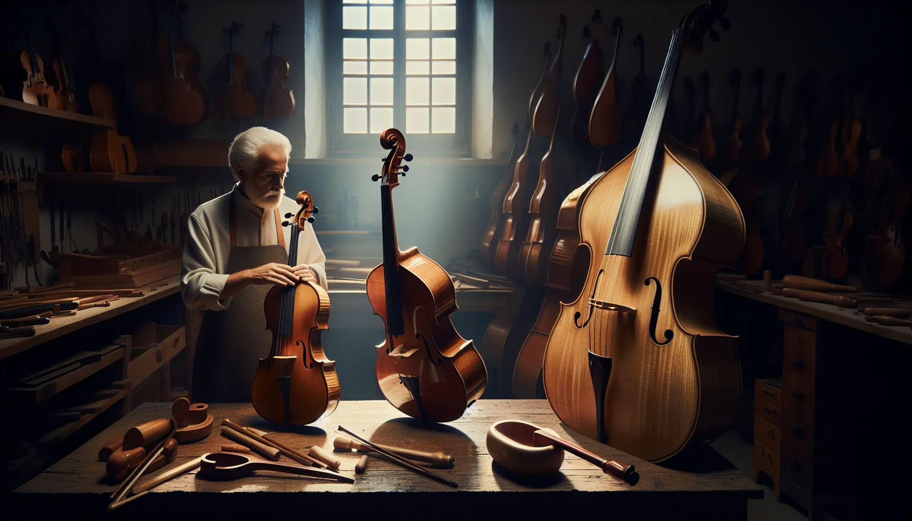 A luthier examines a cello and double bass in a workshop setting.