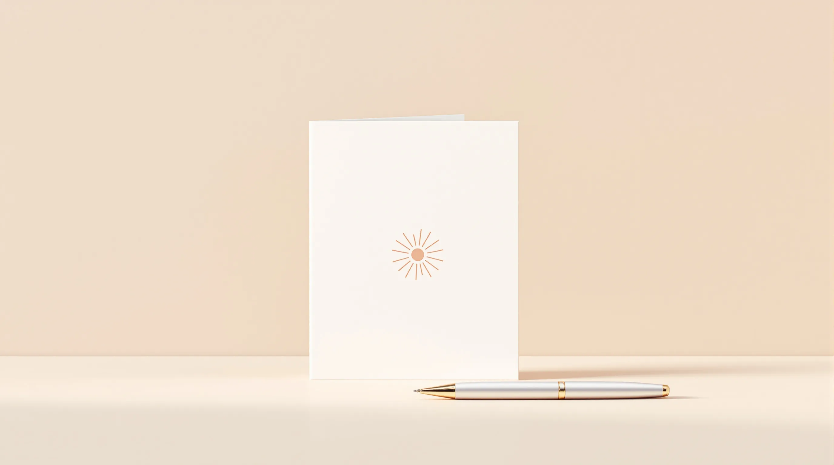Minimalist greeting card with flower symbol and pen on neutral background.
