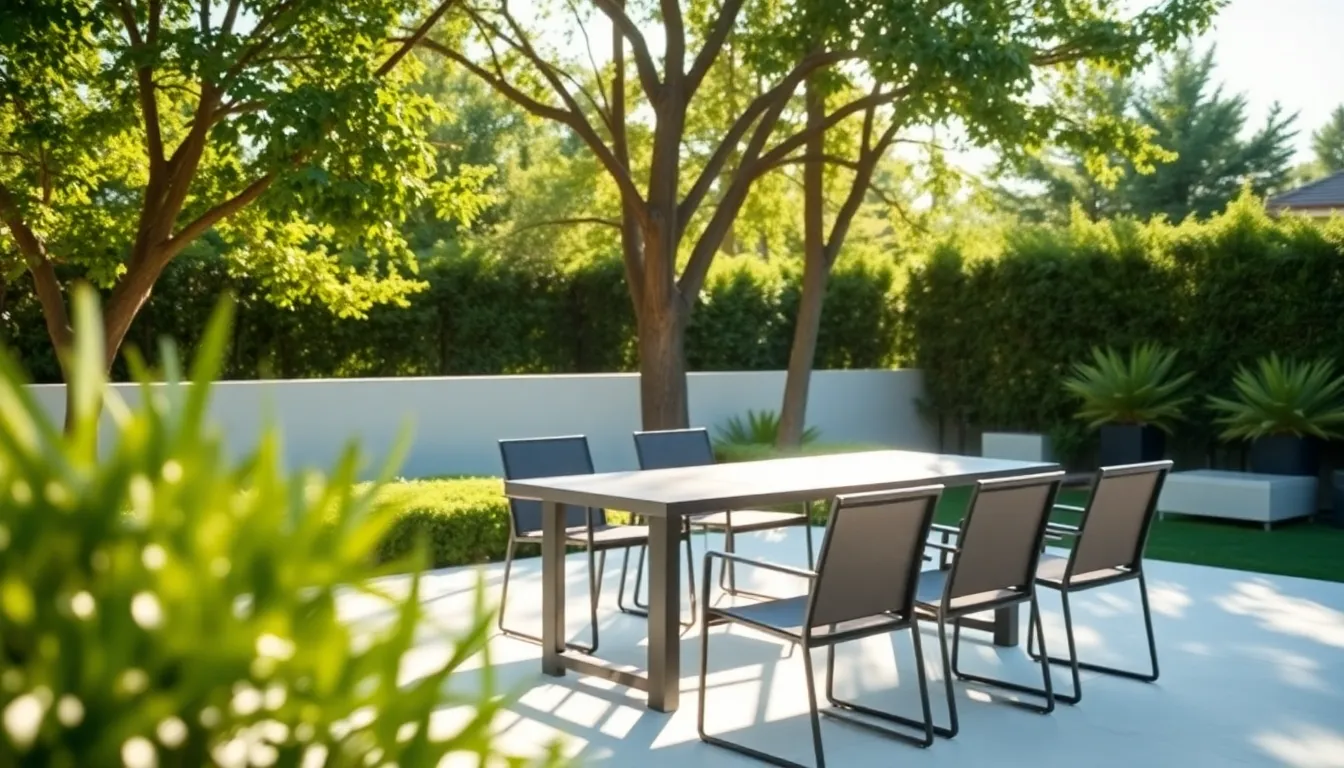 modern outdoor furniture without cushions on a sunny patio.