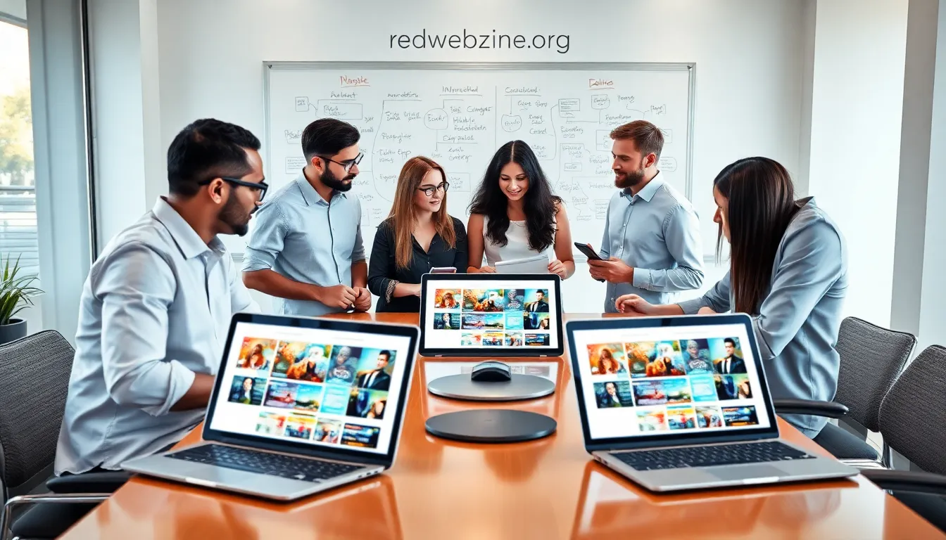 diverse team collaborating on online magazine development in a modern office.