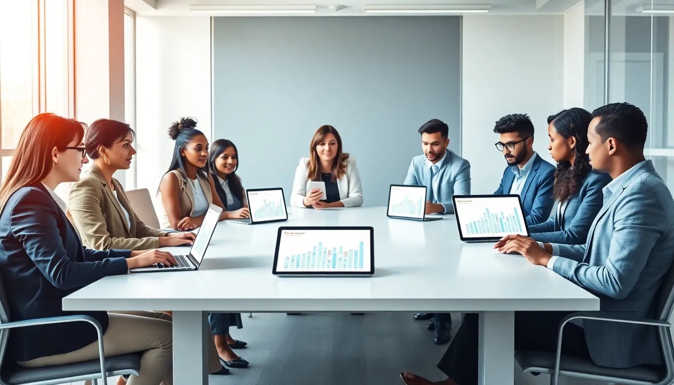 A diverse team collaborating in a modern office space.