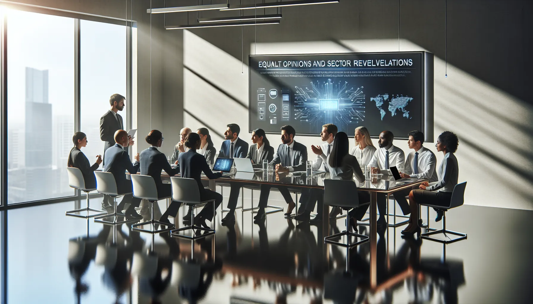diverse professionals discussing articles in a modern workspace.