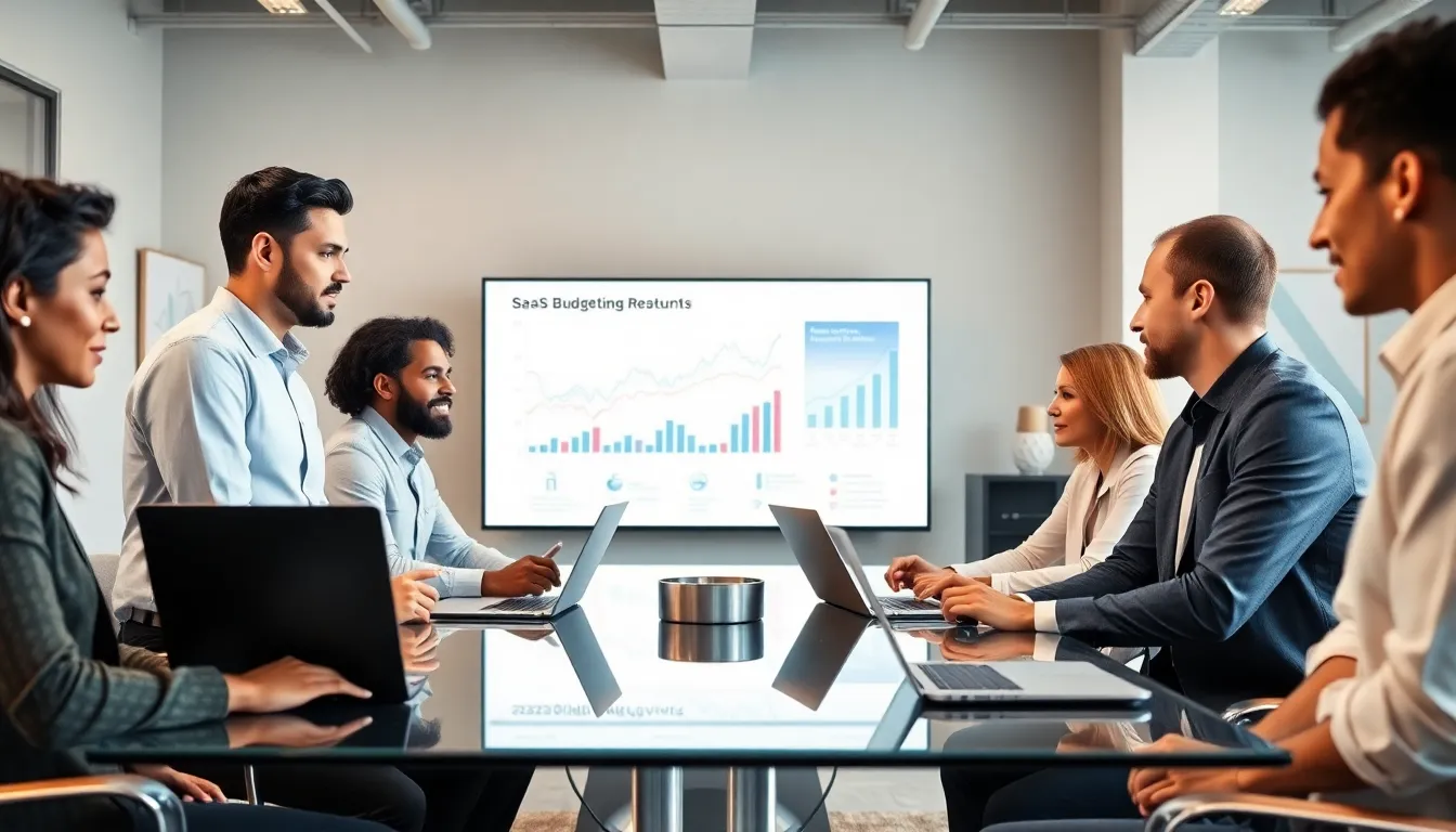diverse team discussing SaaS budgeting in a modern office.